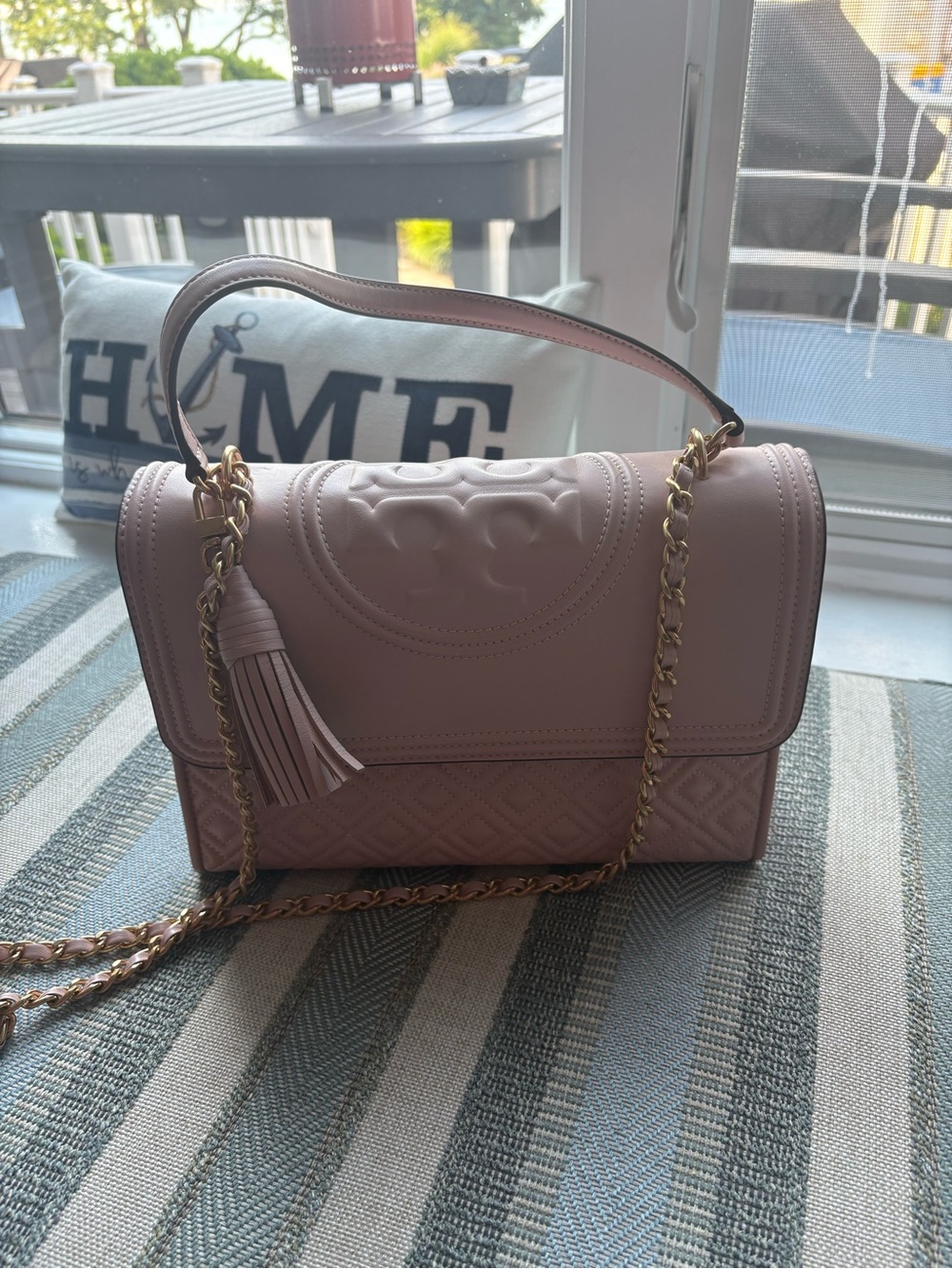 Tory Burch Blush Pink Leather Shoulder Bag with Tassel and Chain